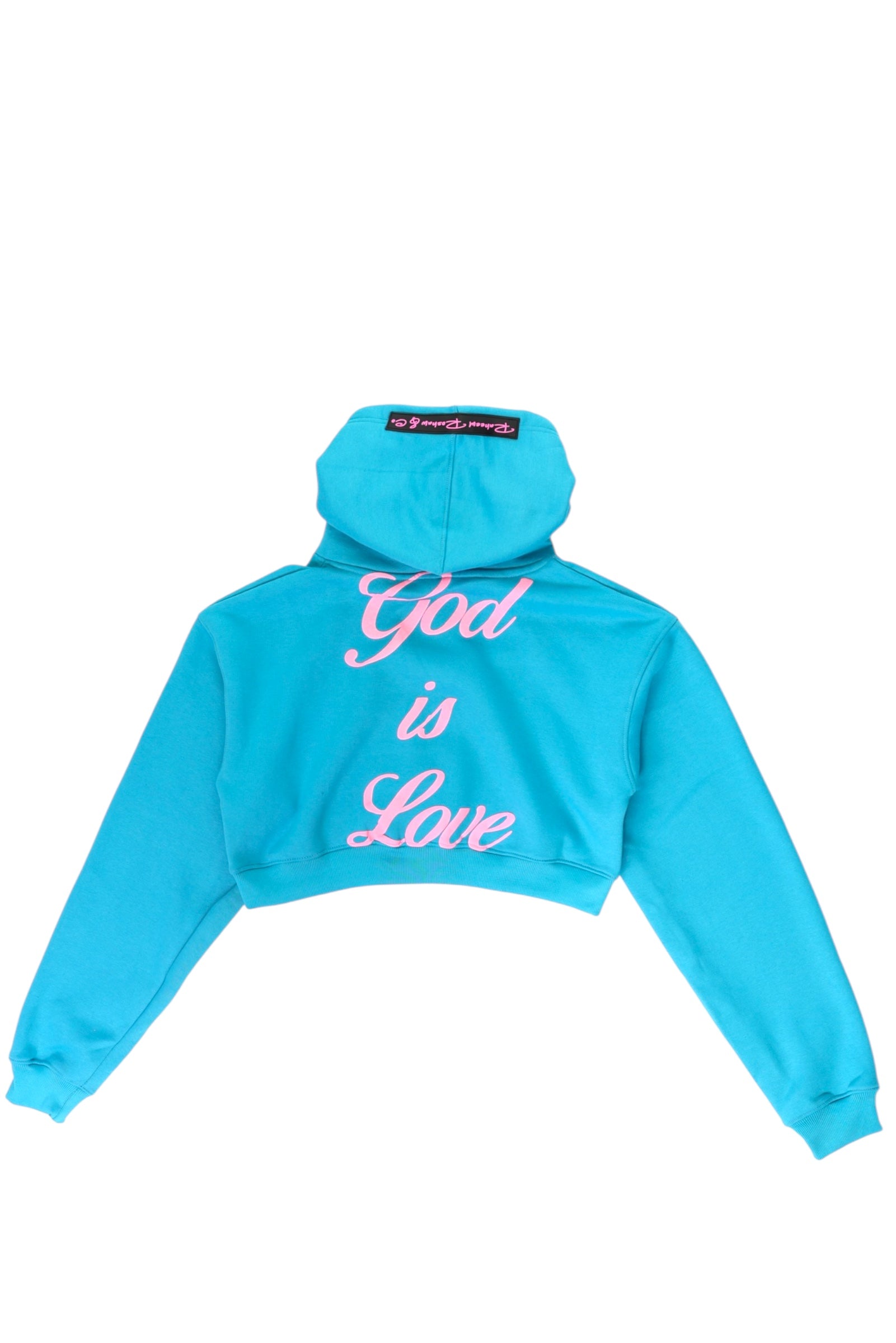 G.I.L. “God is Love” Crop Top Hoodie– Teal & Pink Edition