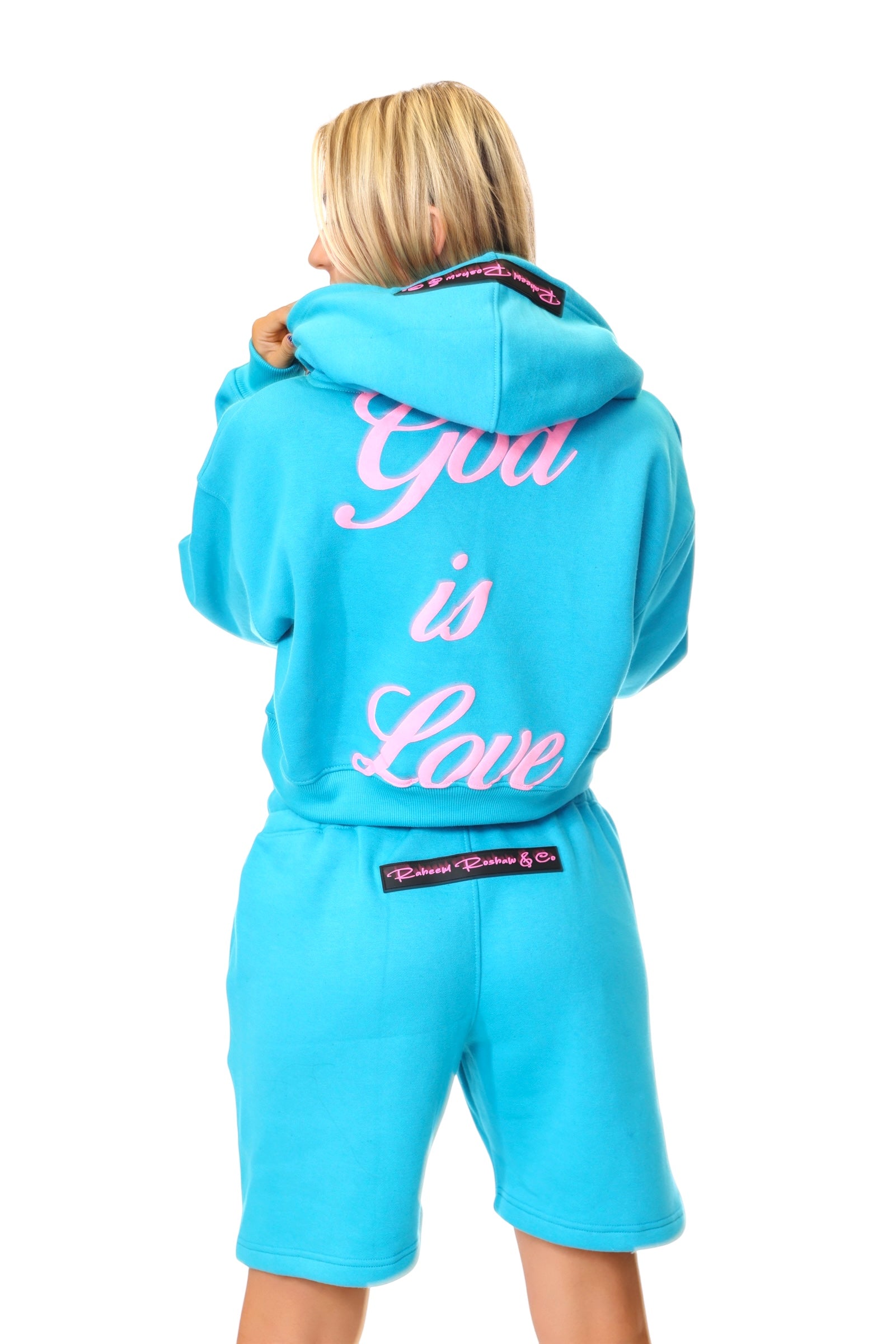 G.I.L. “God is Love” Fleece Shorts – Teal & Pink